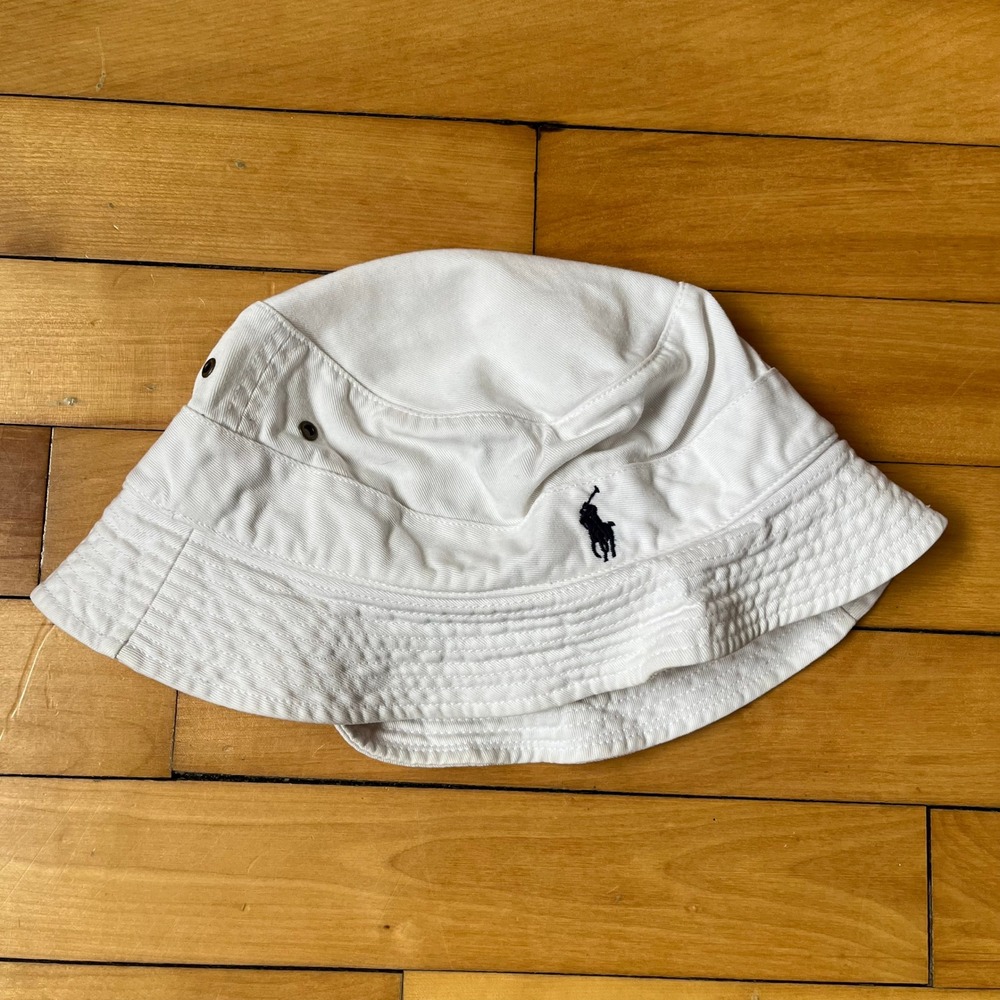Polo Ralph Lauren White Cotton Bucket Hat Navy Pony Logo L / XL Mens